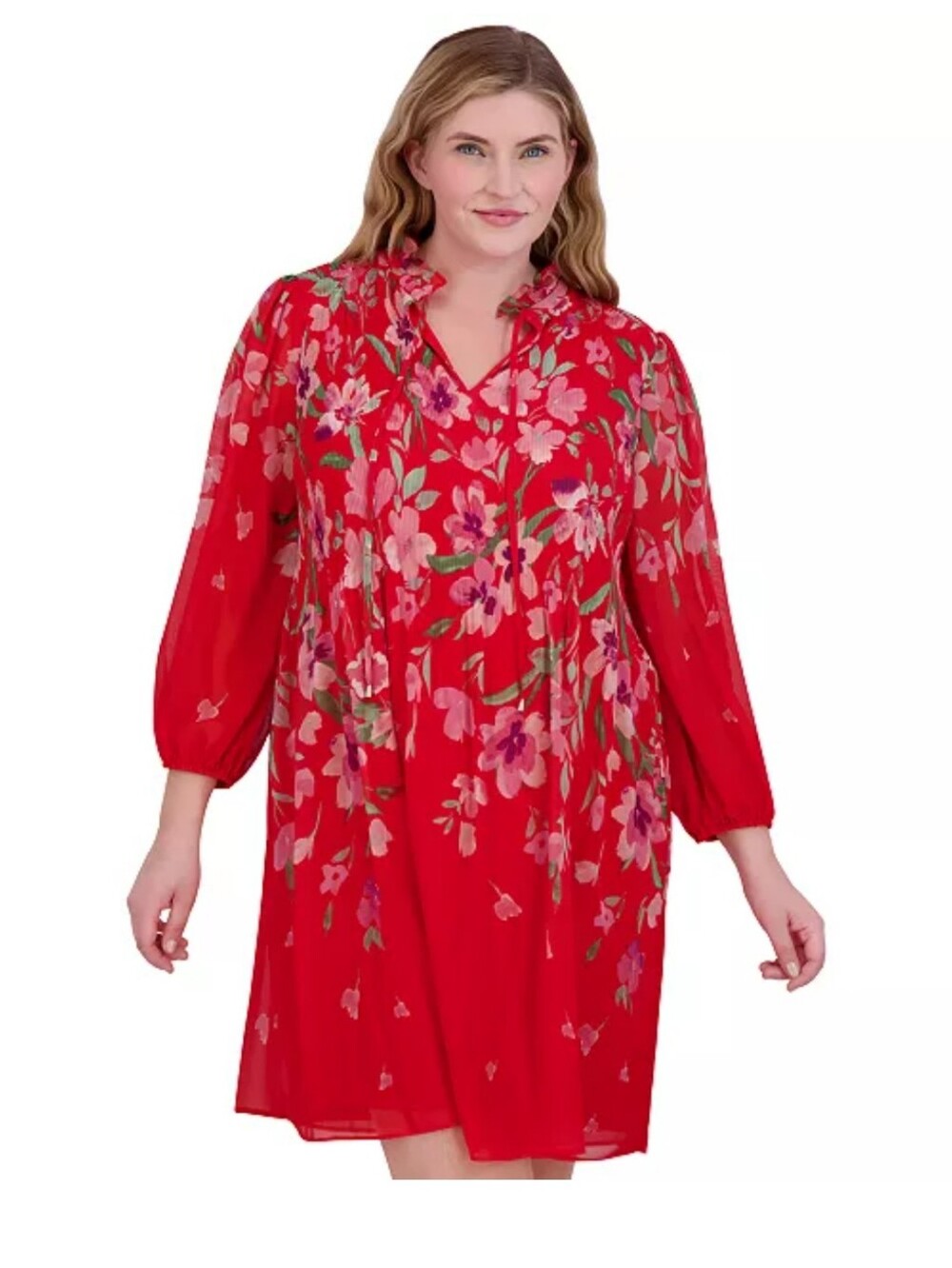 Jessica Howard NWT Size 18W Pink Floral Chiffon Pleated Shift Dress Bishop Sleev
